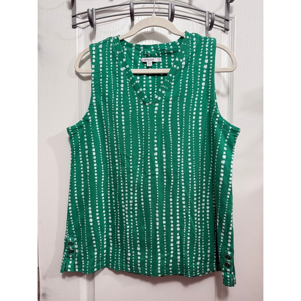 Chico's Green Sleeveless Tank with White Dot Stripe